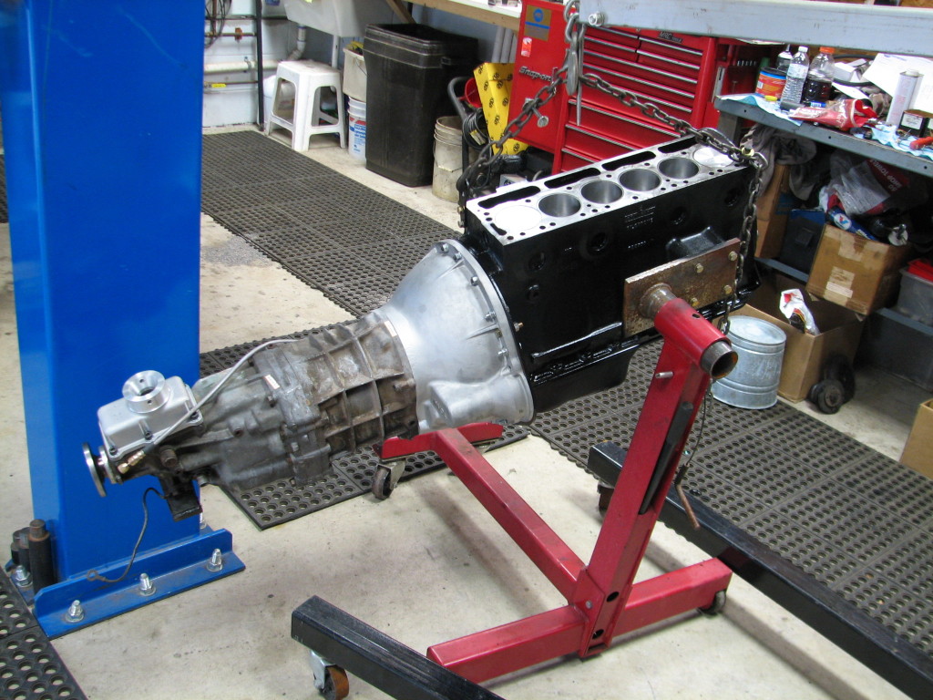 TR6 Engine (minus head) and Toyota Trans ready for installation.